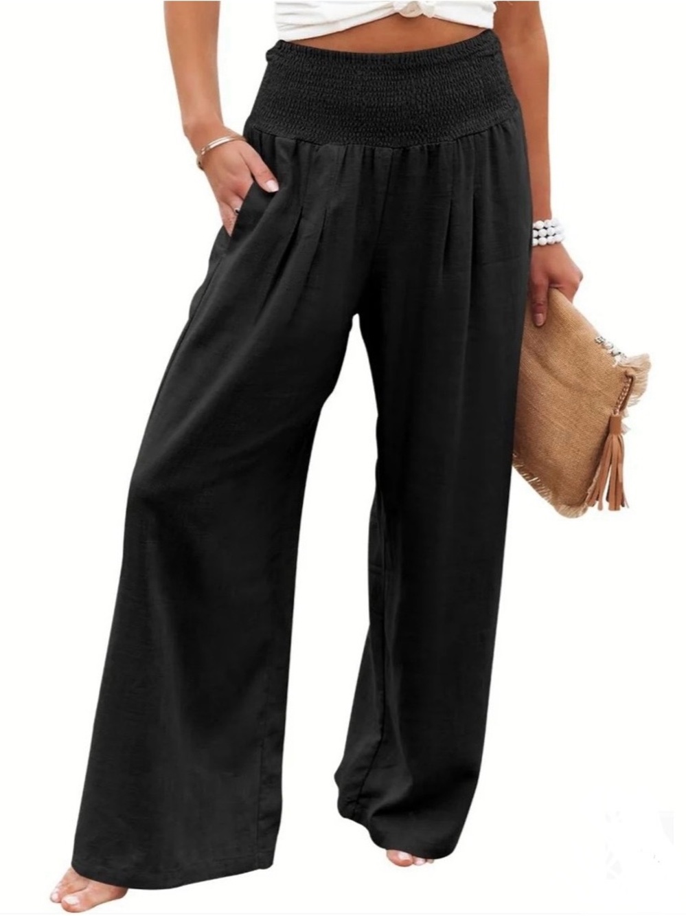 Linen Blend Smocked High Waist Palazzo Wide Leg Summer Beach Pants Women’s L